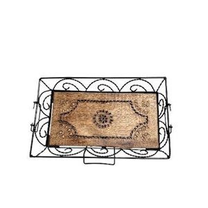 Decorative Metal Tray Wood Bottom Handles Wooden Bread Basket 14x9 Inches
